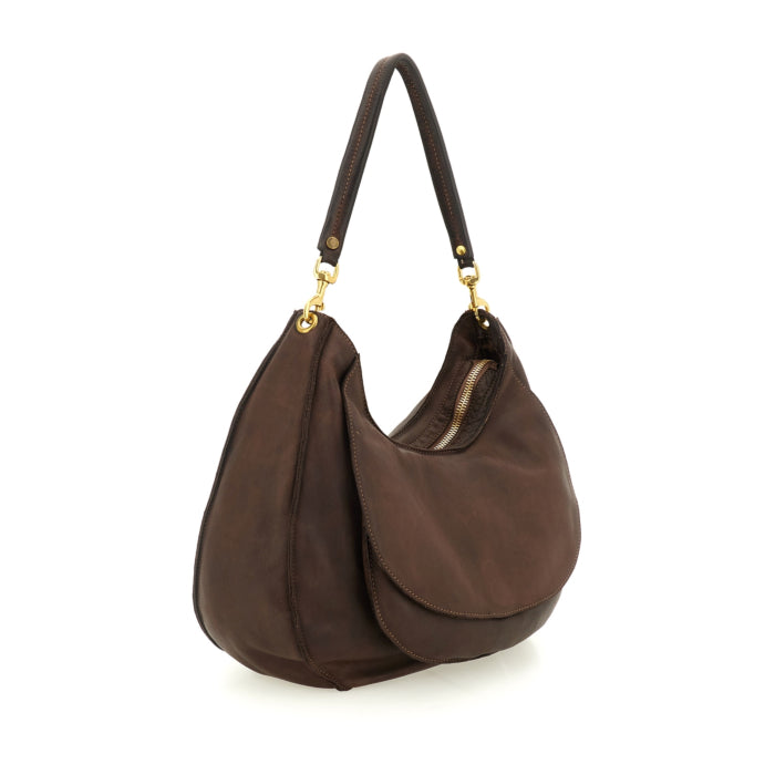 Ludovica M Moro large calfskin shoulder bag by Caterina Lucchi, side view showing zip closure and volume