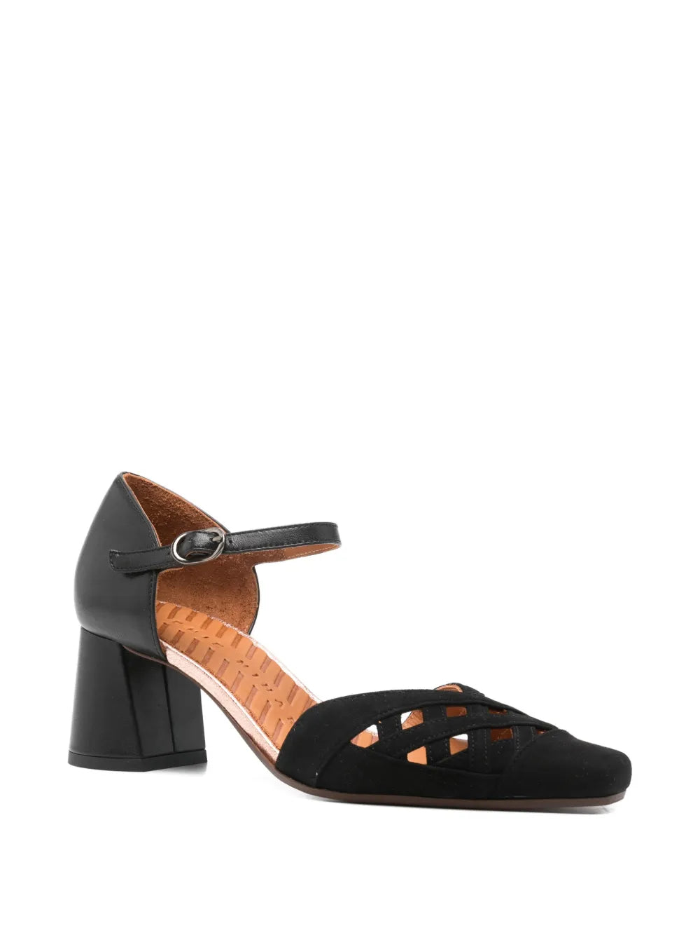 Chie Mihara Airma black suede and leather cutout shoe, block heel and ankle strap buckle