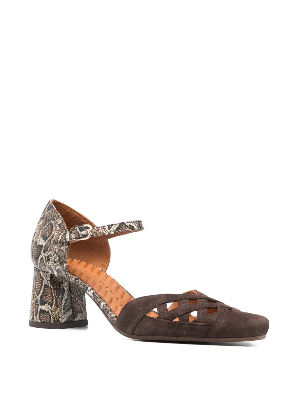 Chie Mihara Airma brown suede and snake print leather cutout shoe, block heel and ankle strap buckle
