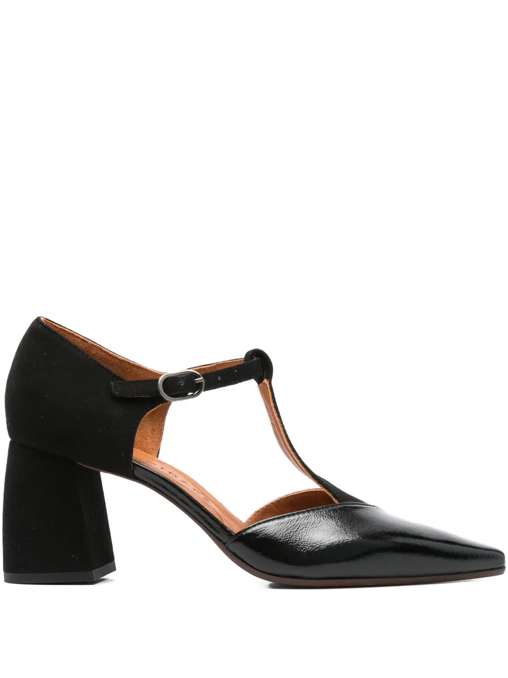 Chie Mihara Amatea black suede and crinkle patent leather T-strap pump, pointed toe and comfortable mid block heel, stylish comfortable heels