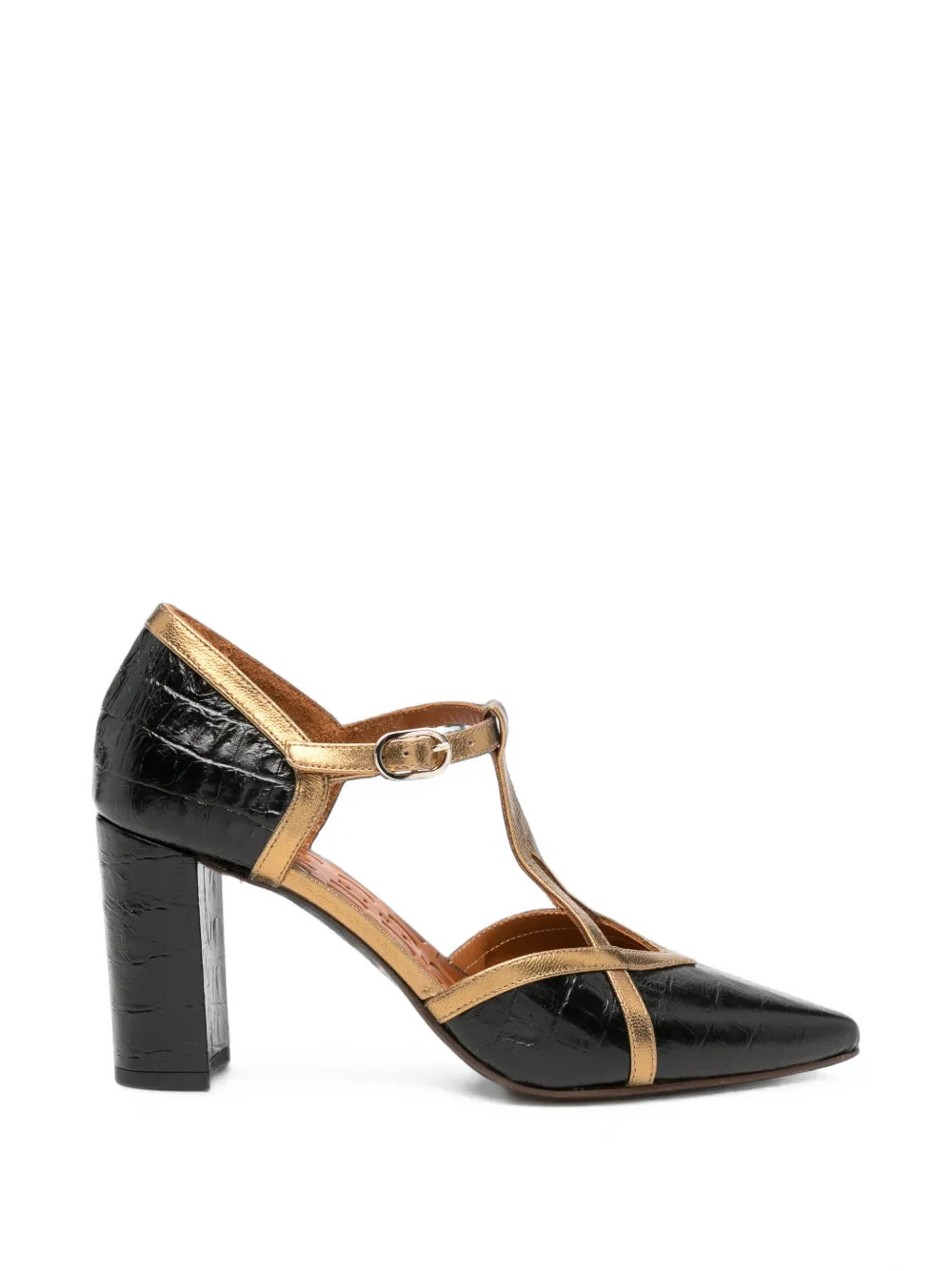 Chie Mihara AWARE high heel T-strap shoe in black crocodile-effect leather with bronze metallic details