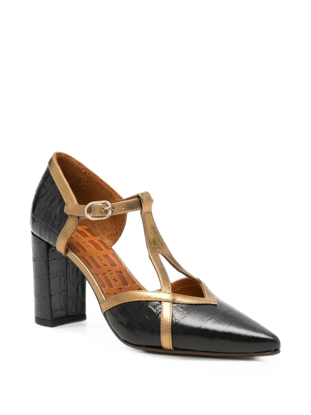 Chie Mihara AWARE high heel T-strap shoe in black crocodile-effect leather with bronze metallic details