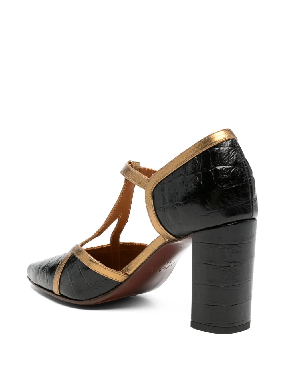 Chie Mihara AWARE high heel T-strap shoe in black crocodile-effect leather with bronze metallic details