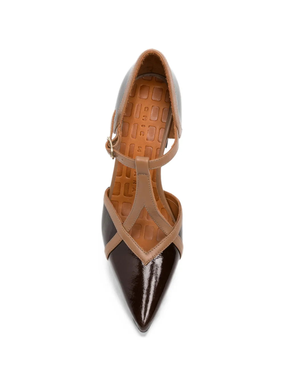 Chie Mihara AWARE high heel T-strap shoe in dark chocolate patent leather with taupe leather details