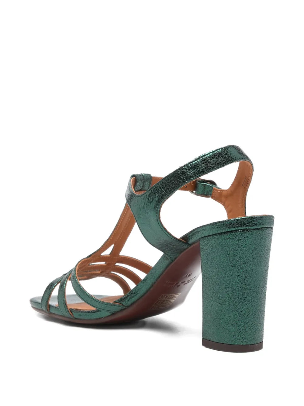 Chie Mihara Babai green metallic leather T-strap slingback sandal, block heel and ankle buckle