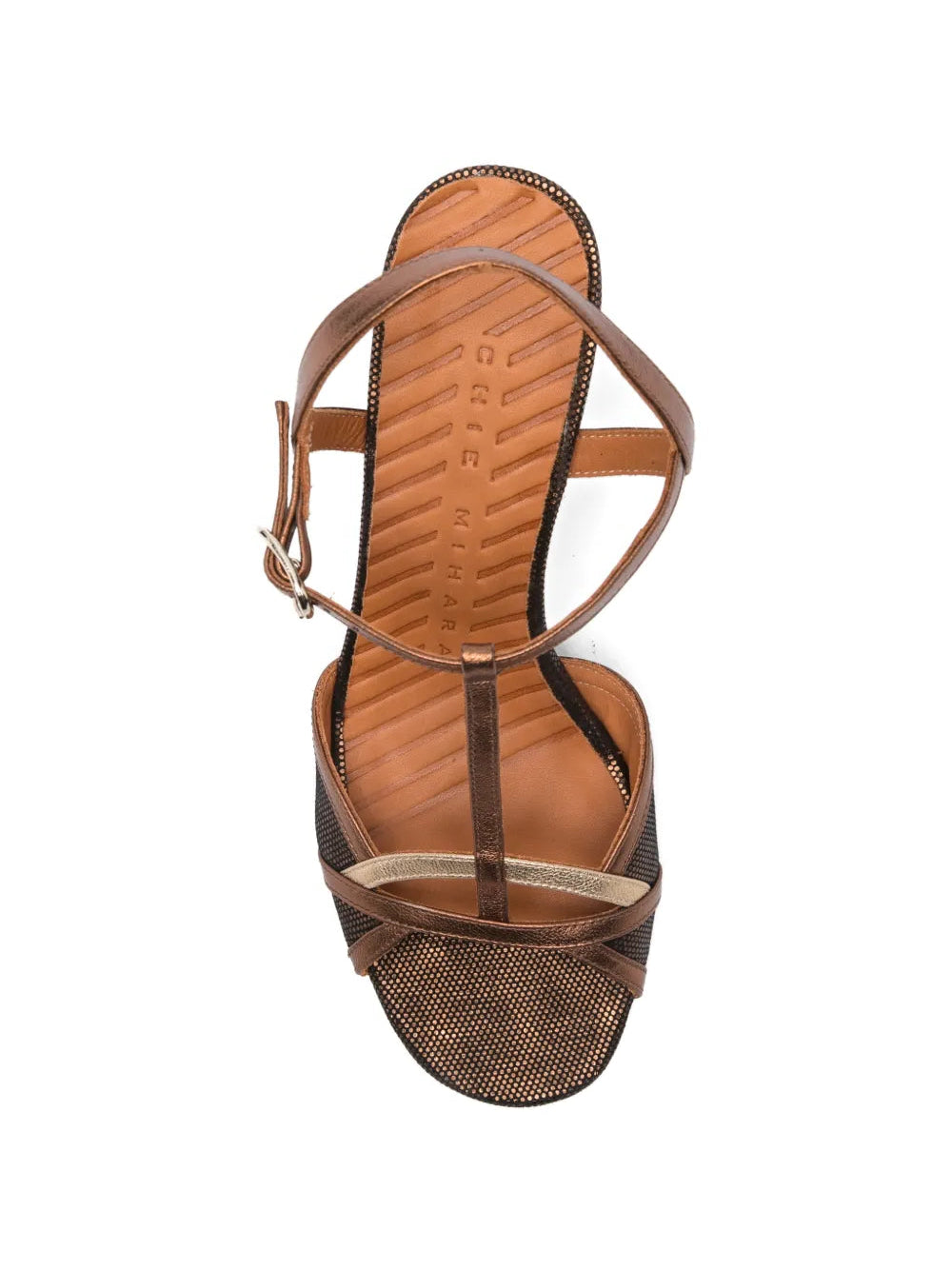 Chie Mihara Bejo brown and bronze metallic T-strap sandal, leather sole with non-slip rubber pad, known for exceptional comfort and fit, handmade in Spain