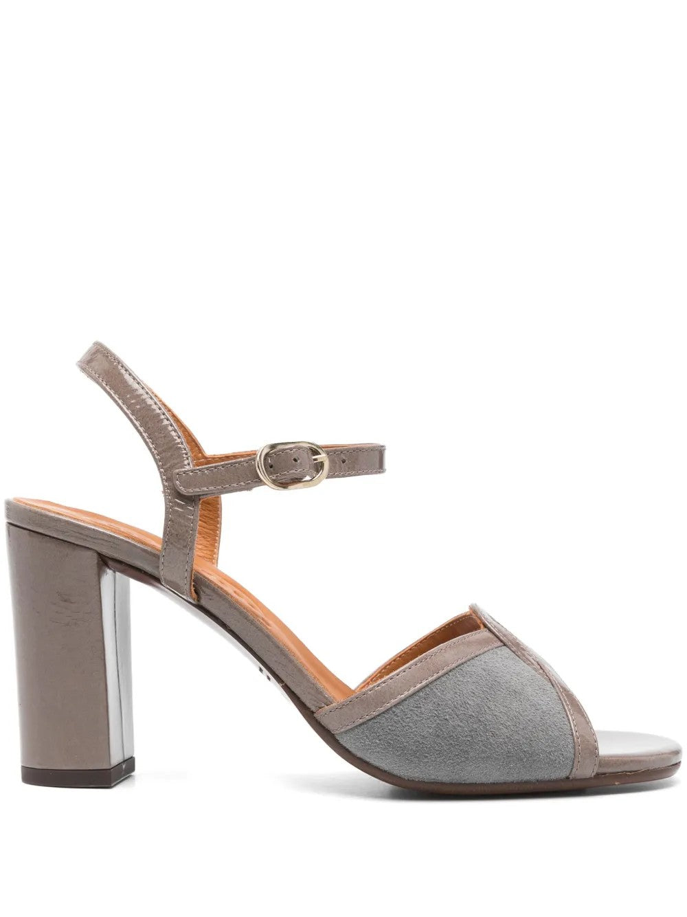 Chie Mihara Belulu slate grey suede and taupe patent leather strappy sandal with high block heel, handmade in Spain