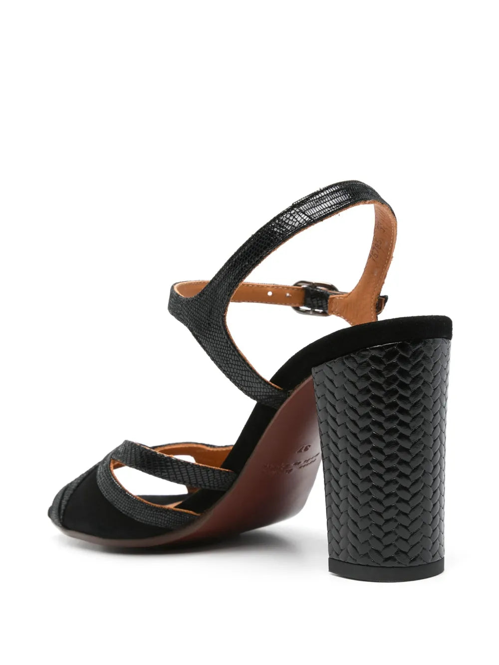 Chie Mihara Bemon women's black suede and lizard print leather cross-strap sandal, woven high block heel and ankle strap buckle, European designer shoes made in Spain