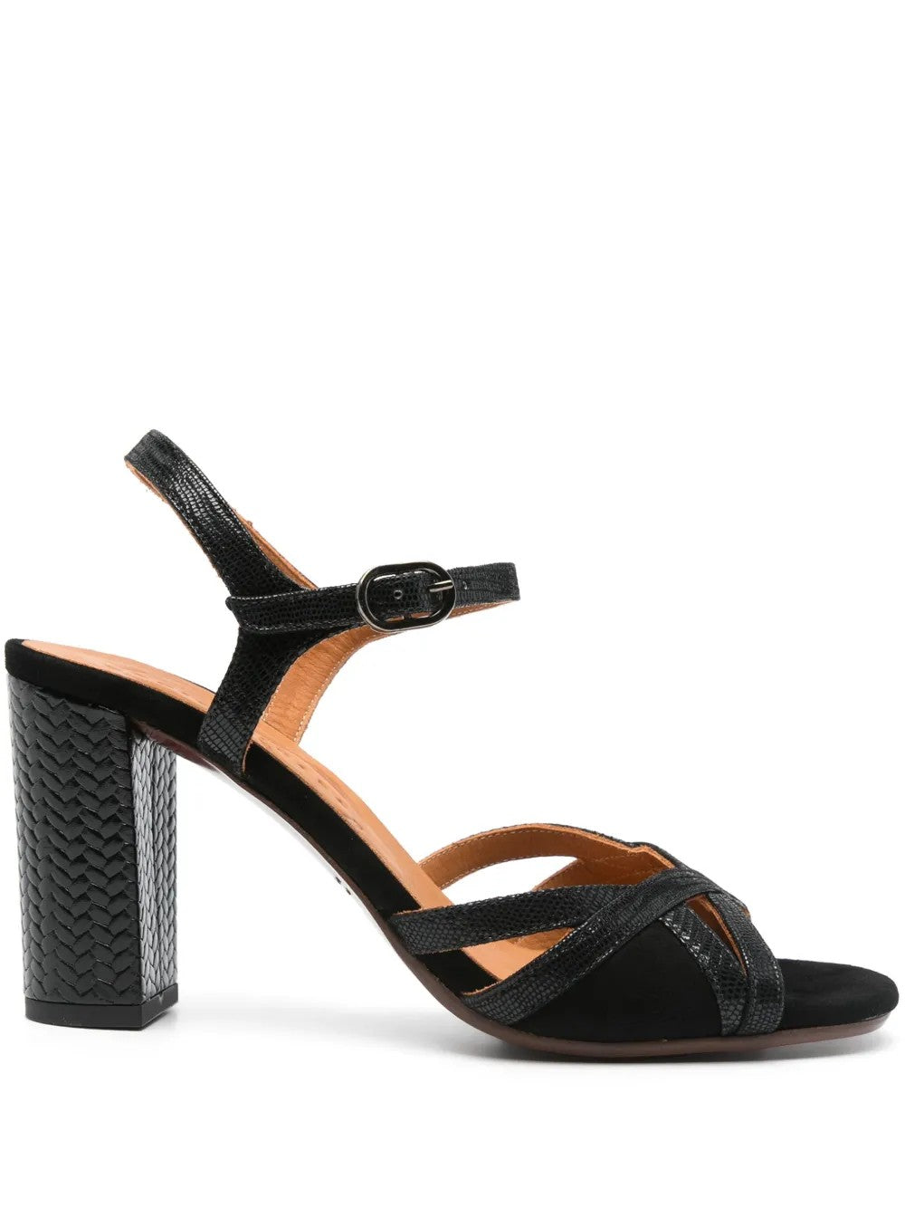 Chie Mihara Bemon black suede and lizard print leather cross-strap sandal with woven high block heel, handmade in Spain