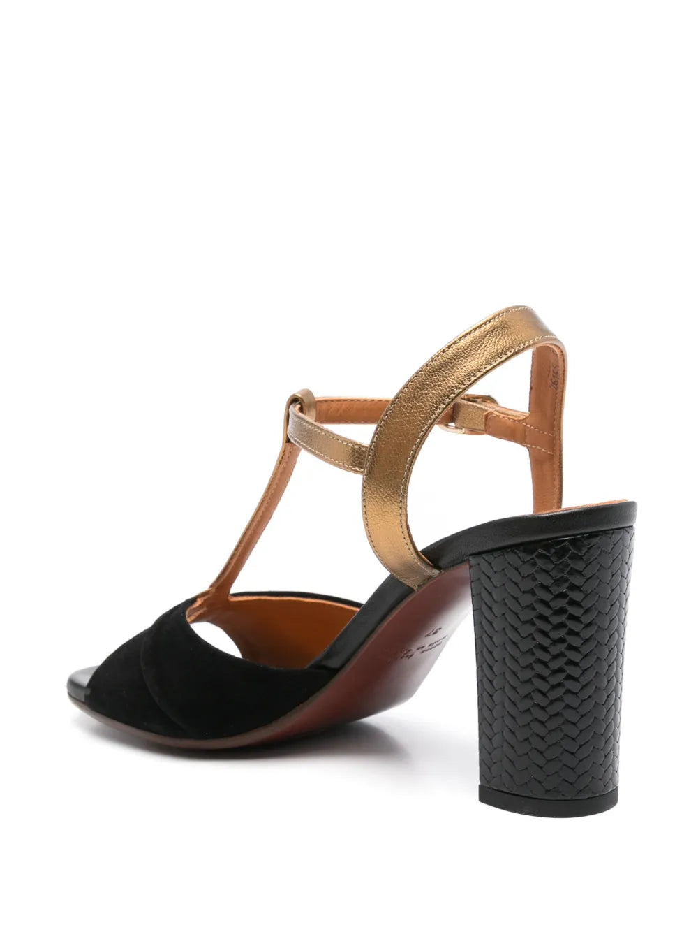 Chie Mihara Biagio women's black suede and bronze metallic leather T-strap sandal, woven high block heel, European designer shoes made in Spain