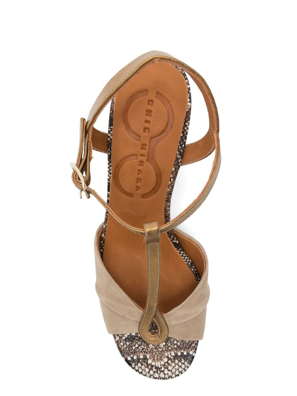 Chie Mihara Biagio nude toast suede and gold metallic T-strap sandal, high snake print block heel and ankle strap buckle, artisan leather shoes