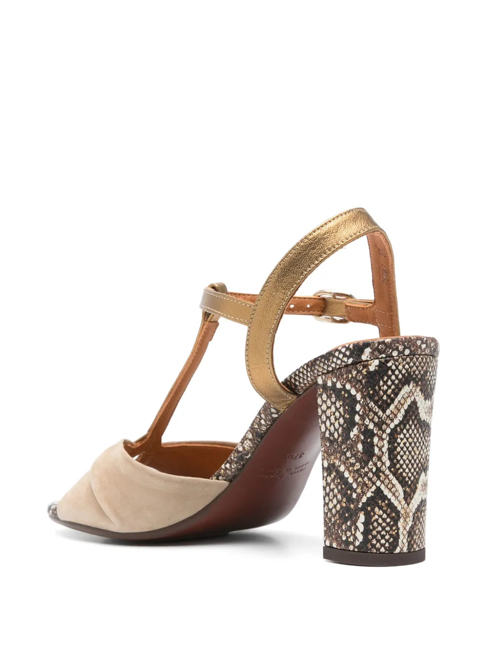 Chie Mihara Biagio women's nude toast suede and gold metallic leather T-strap sandal with snake print high block heel, European designer shoes made in Spain