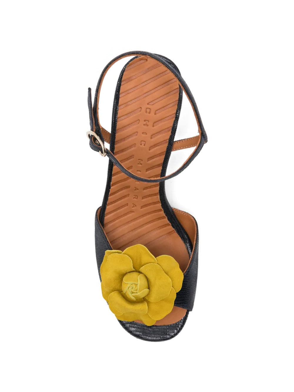 Chie Mihara Biuty navy lizard leather sandal with mustard flower, leather sole with non-slip rubber pad, known for exceptional comfort and fit, handmade in Spain