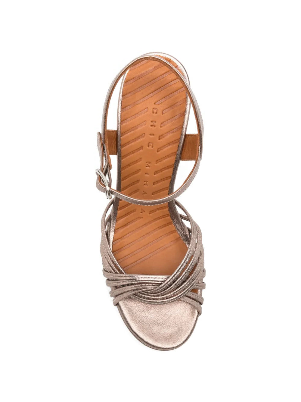 Chie Mihara Caneti silver metallic leather knotted strap platform sandal, leather sole with non-slip rubber pad, known for exceptional comfort and fit, handmade in Spain