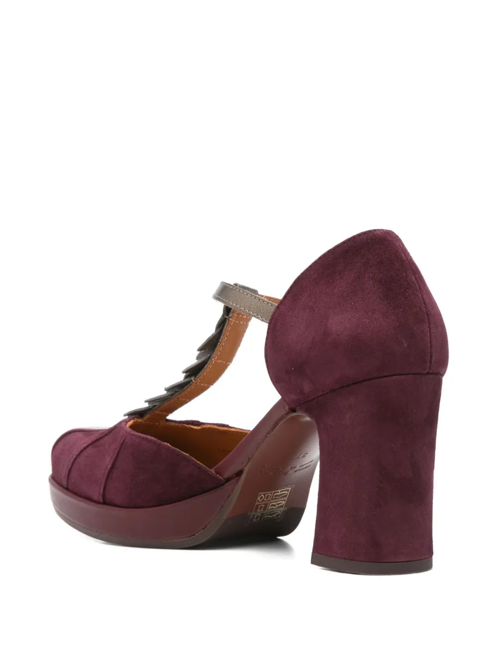 Chie Mihara Dafaba women's grape suede and pewter metallic leaf T-strap platform pump, high block heel, vintage inspired footwear made in Spain