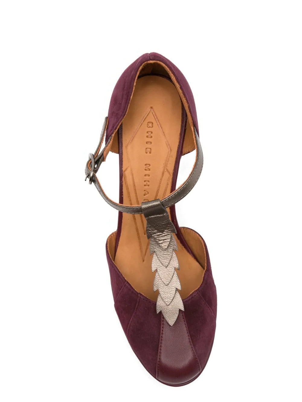 Chie Mihara Dafaba grape suede and pewter metallic leaf T-strap platform pump, high block heel and ankle strap buckle, artisan leather shoes