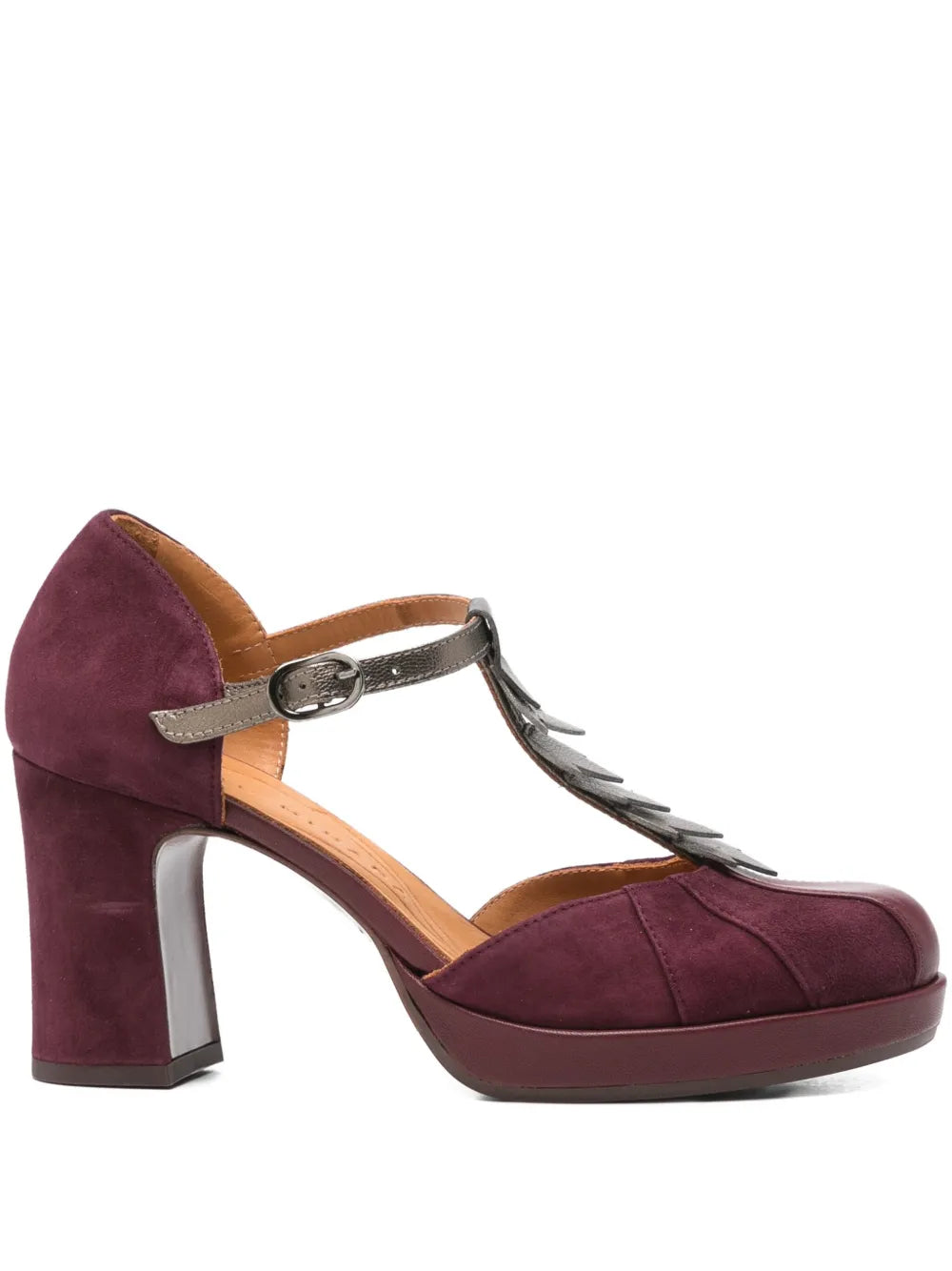 Chie Mihara Dafaba grape suede and pewter metallic leaf detail T-strap platform pump with high block heel, handmade in Spain