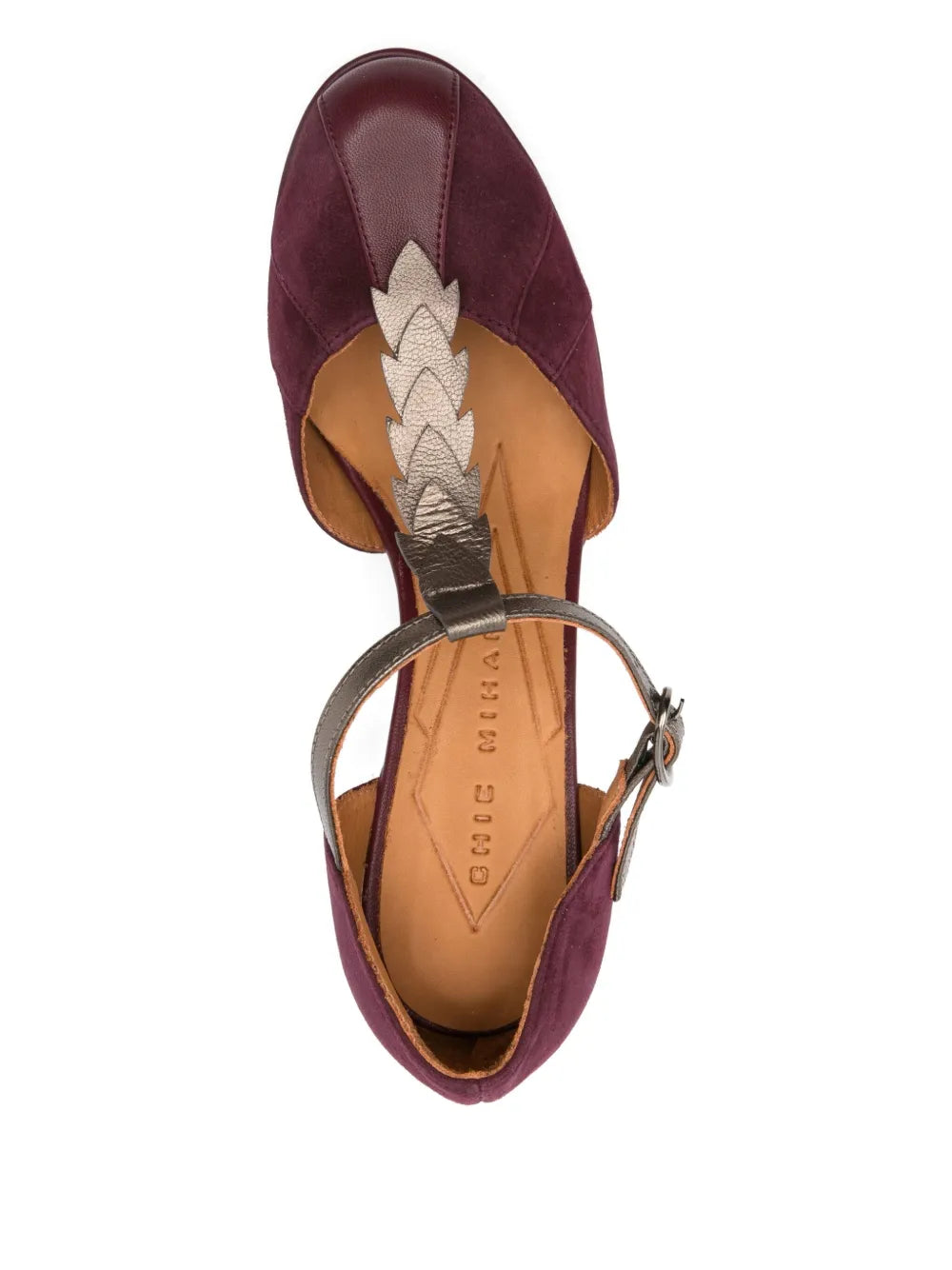Chie Mihara Dafaba platform shoe in grape suede and metallic leather with T-strap and block heel
