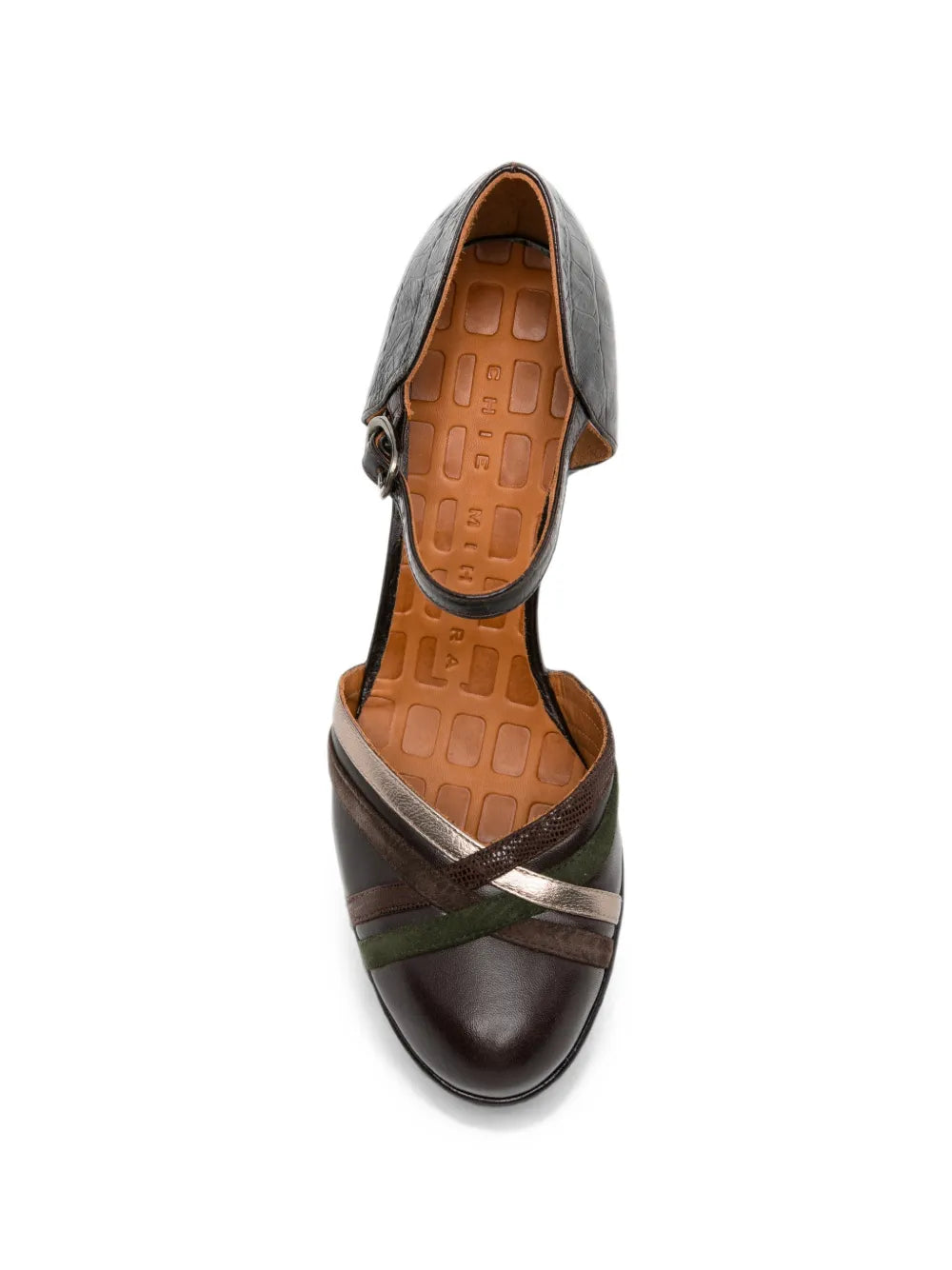 Chie Mihara DEDANA platform high heel shoe in crocodile-effect leather, testa, iron and green mixed textures