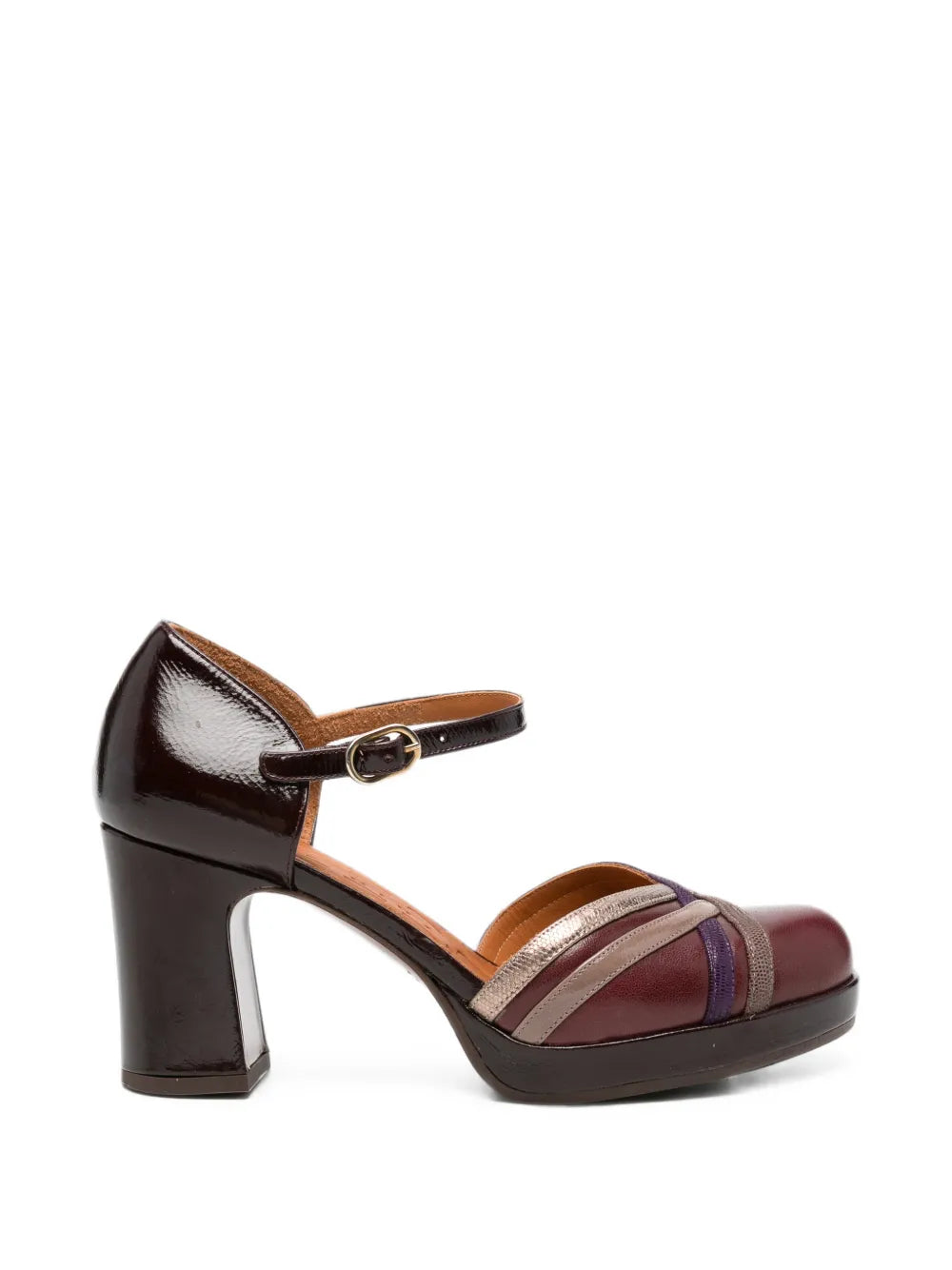 Chie Mihara DEDANA platform high heel shoe in garnet leather with ash, iron, grape and smoke metallic textured straps