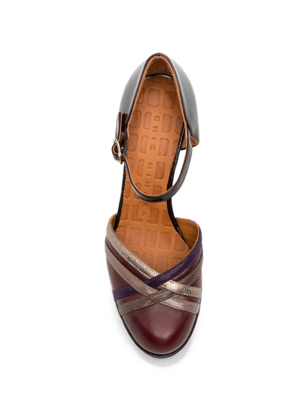 Chie Mihara DEDANA platform high heel shoe in garnet leather with ash, iron, grape and smoke metallic textured straps