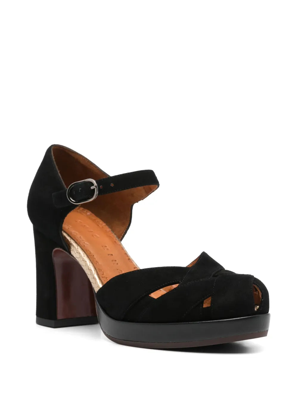 Chie Mihara Demim black suede cutout Mary Jane shoe, platform and high block heel with ankle strap buckle