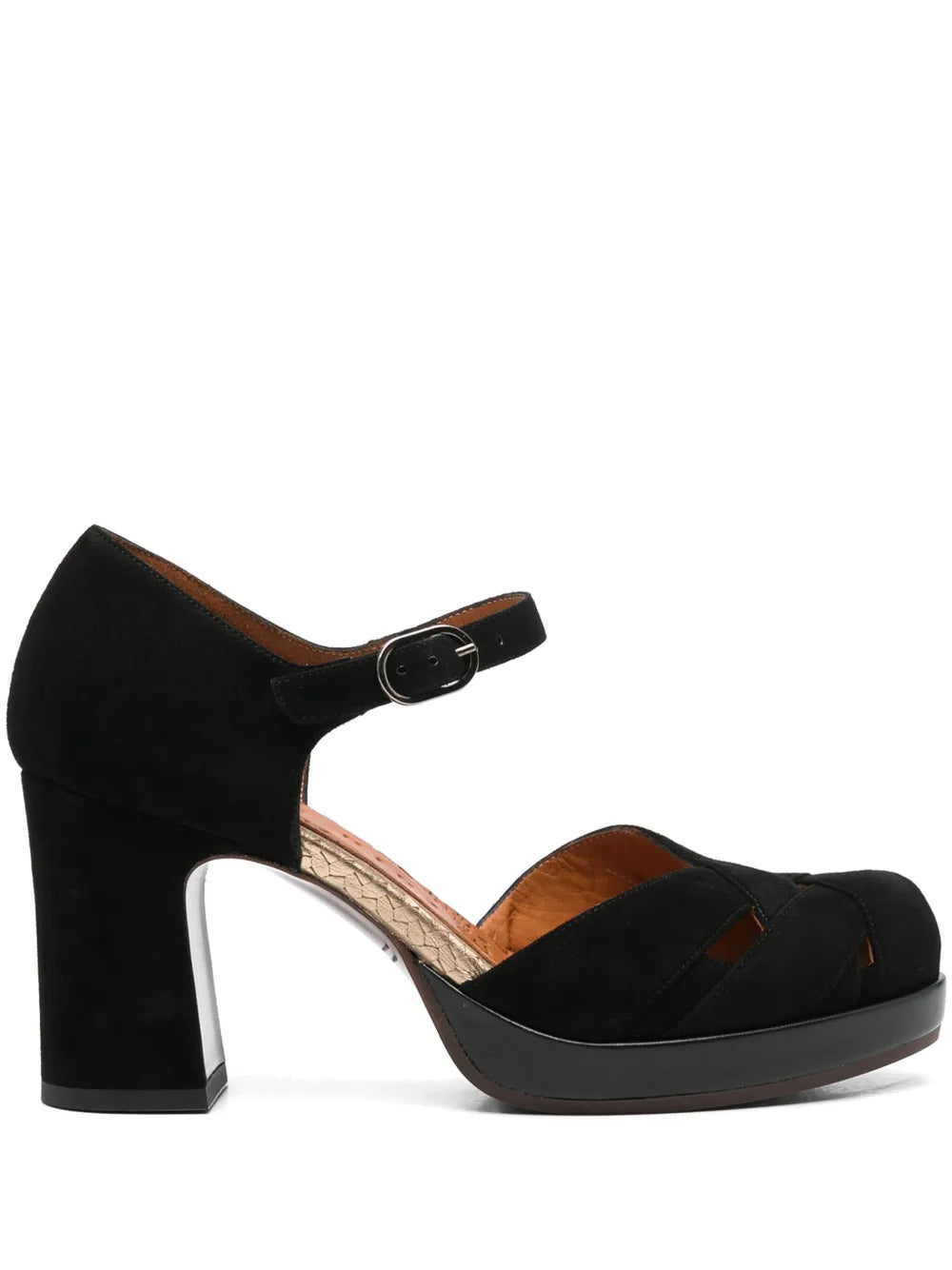 Chie Mihara Demim black suede cutout Mary Jane shoe with platform and high block heel, handmade in Spain