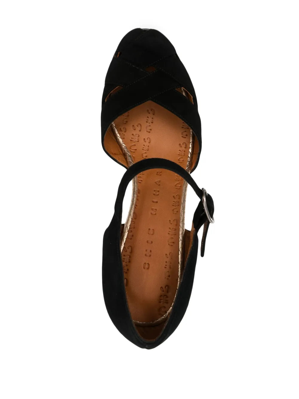 Chie Mihara DEMIM black suede platform heels with gold insole, 7.5 cm block heel and 2 cm platform, handmade in Spain