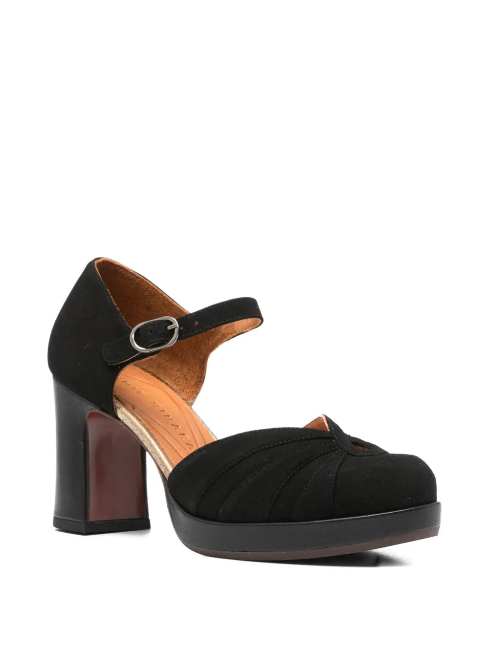 Chie Mihara Devi black suede cutout Mary Jane shoe, platform and high block heel with ankle strap buckle