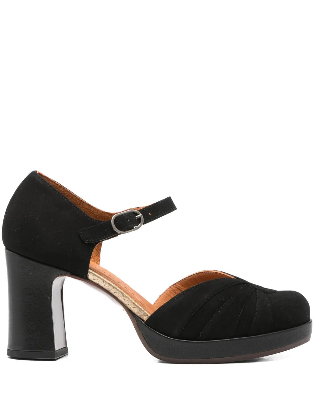 Chie Mihara Devi black suede platform heels with ankle strap and 9 cm block heel, handmade in Spain