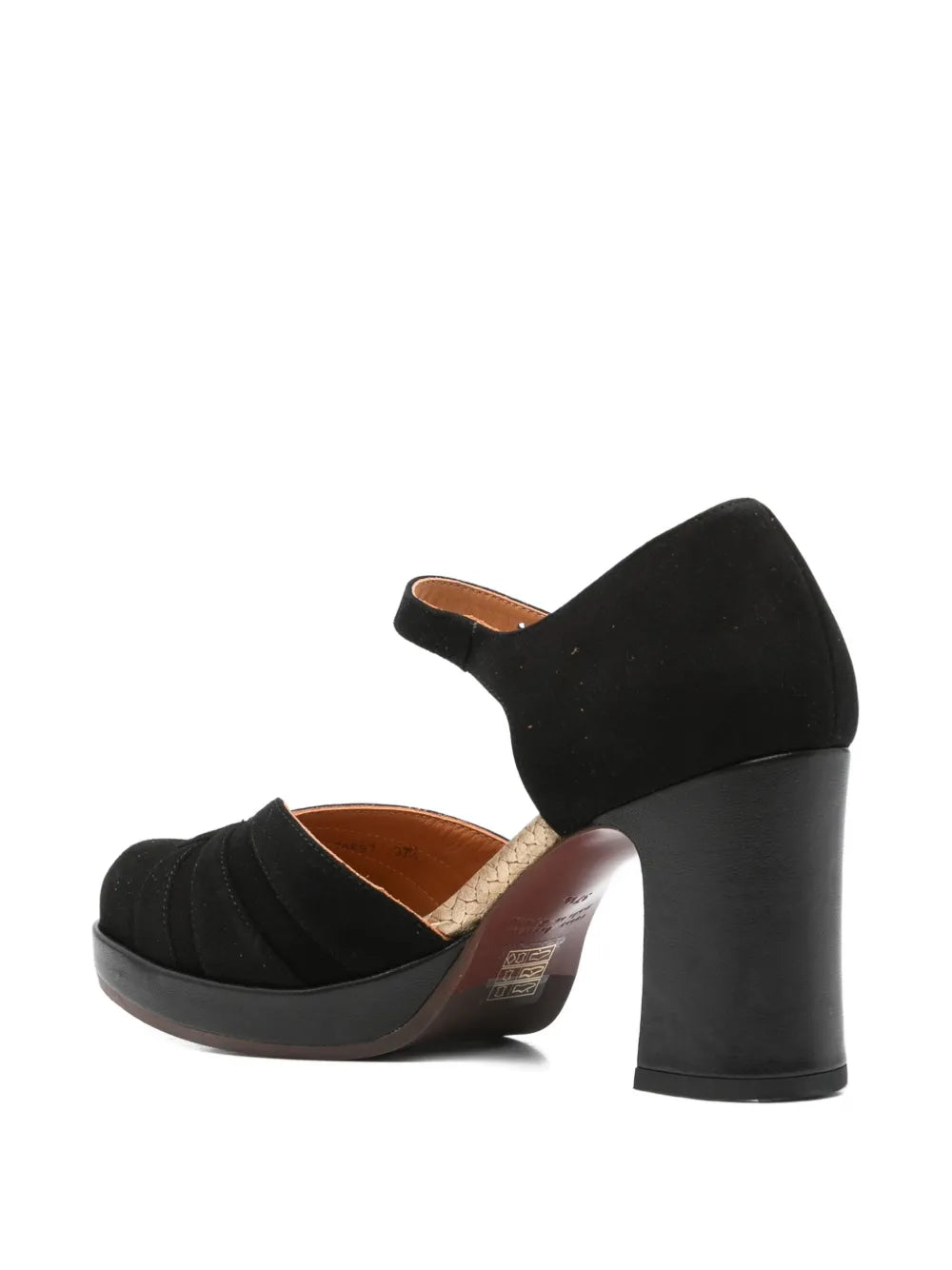Chie Mihara Devi black suede platform heels with ankle strap and 9 cm block heel, handmade in Spain