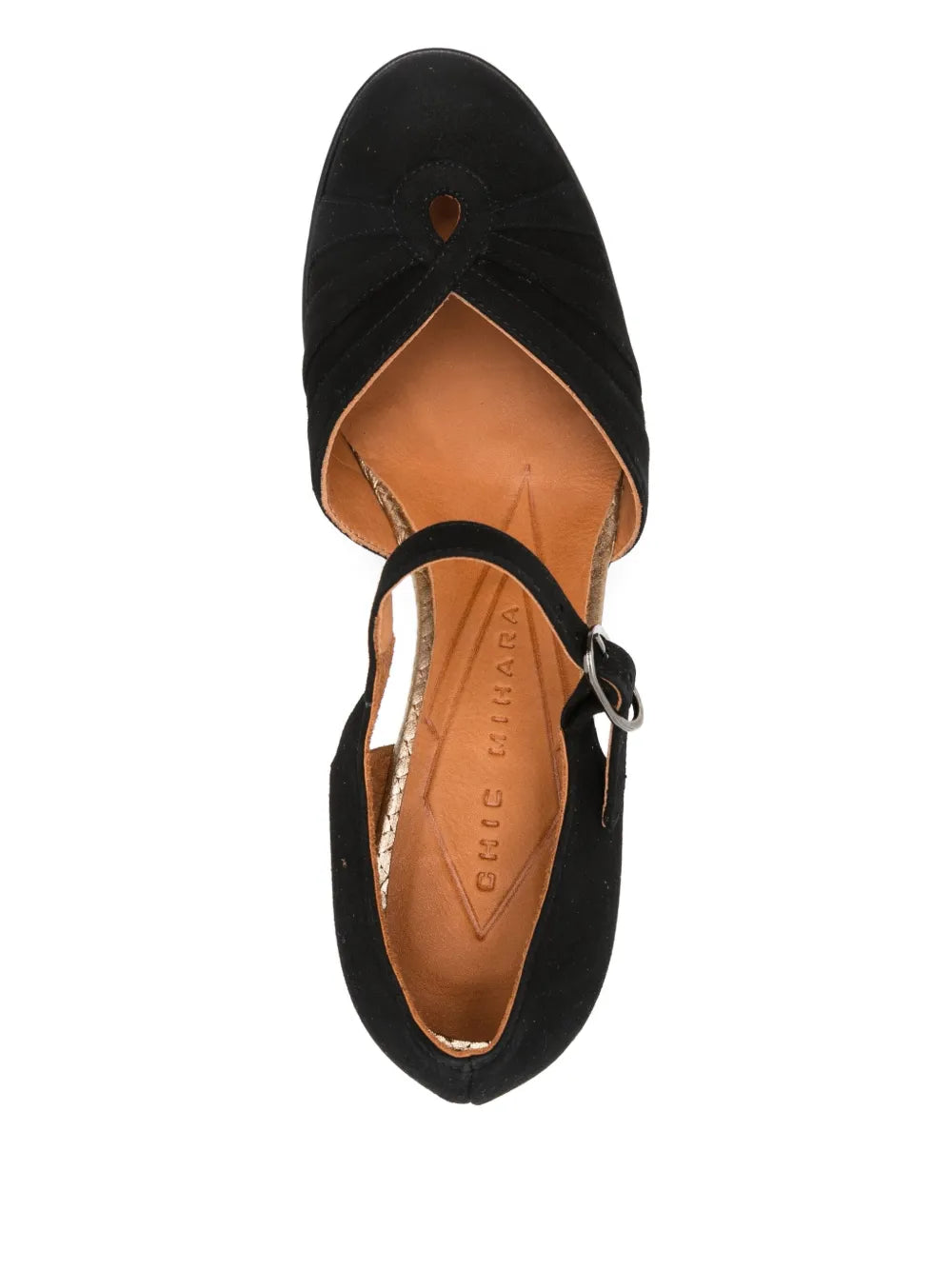 Chie Mihara Devi black suede platform heels with ankle strap and 9 cm block heel, handmade in Spain