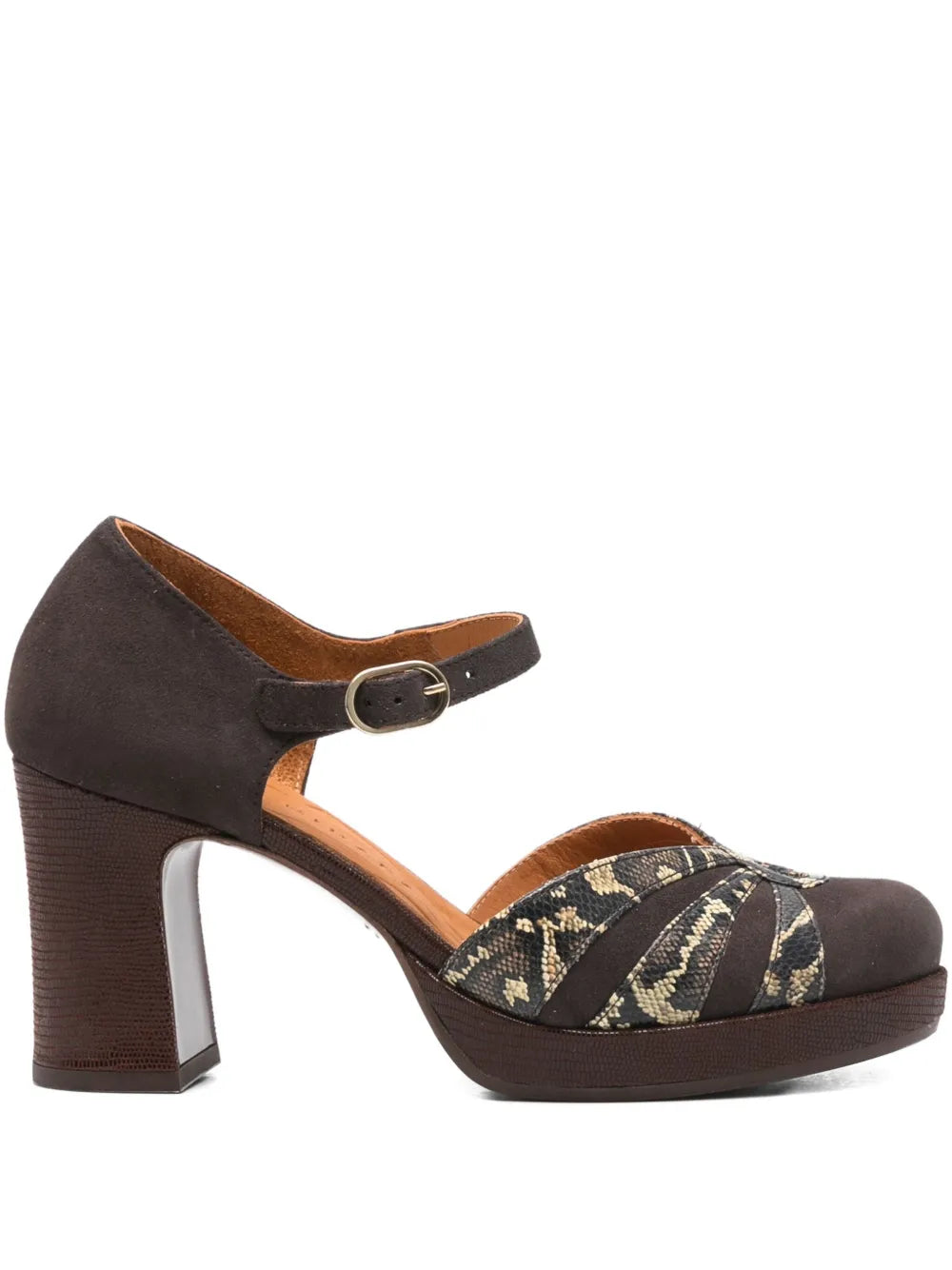 Chie Mihara Devi dark brown suede and snake print leather Mary Jane shoe with platform and high block heel, handmade in Spain
