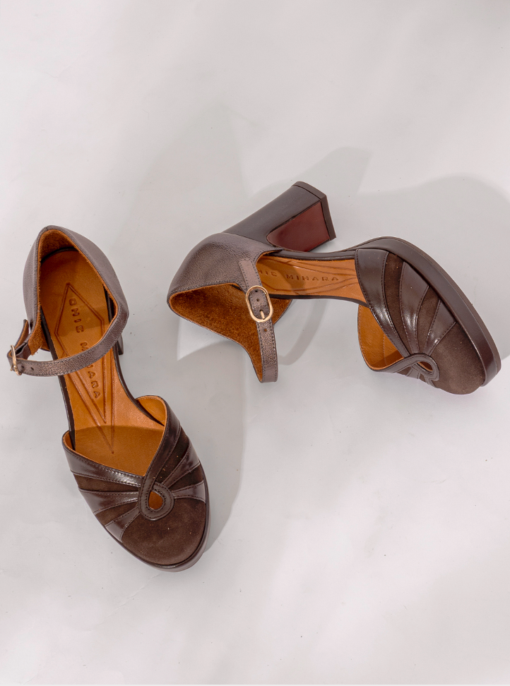 Chie Mihara DEVI platform shoe in dark brown suede and metallic iron leather with block heel