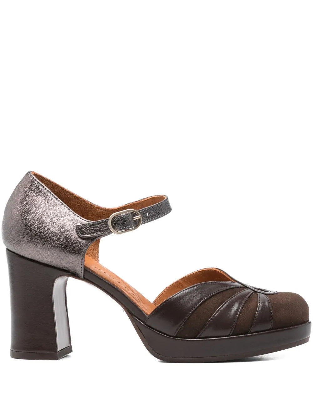Chie Mihara DEVI platform shoe in dark brown suede and metallic iron leather with block heel