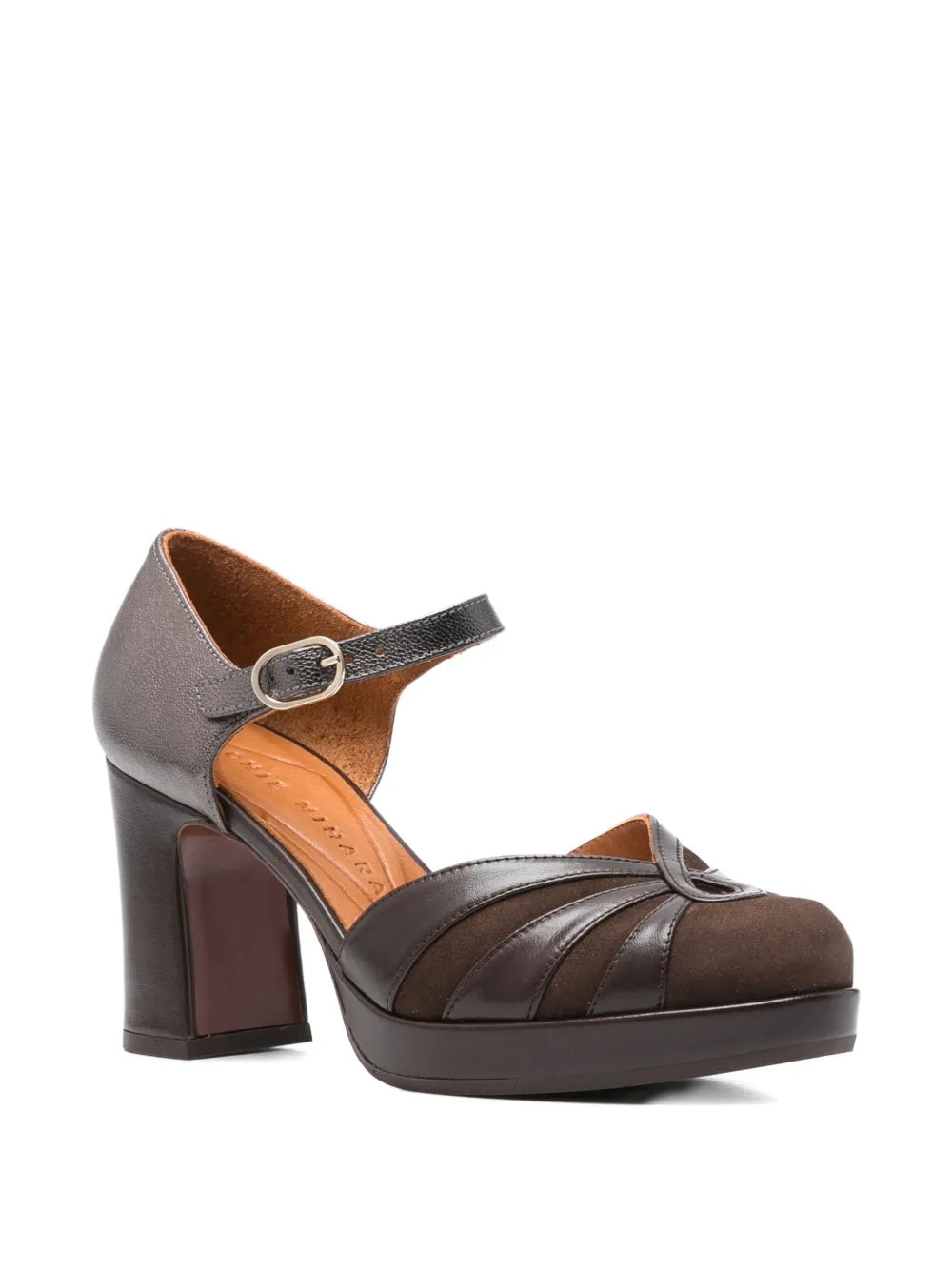Chie Mihara DEVI platform shoe in dark brown suede and metallic iron leather with block heel