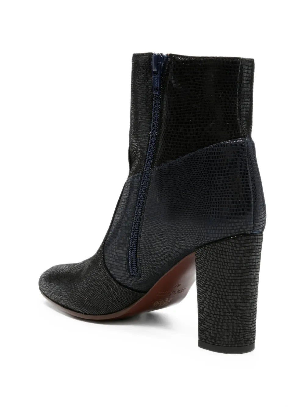 Chie Mihara ETYU high heel ankle boot in lizard-texture leather, black and navy