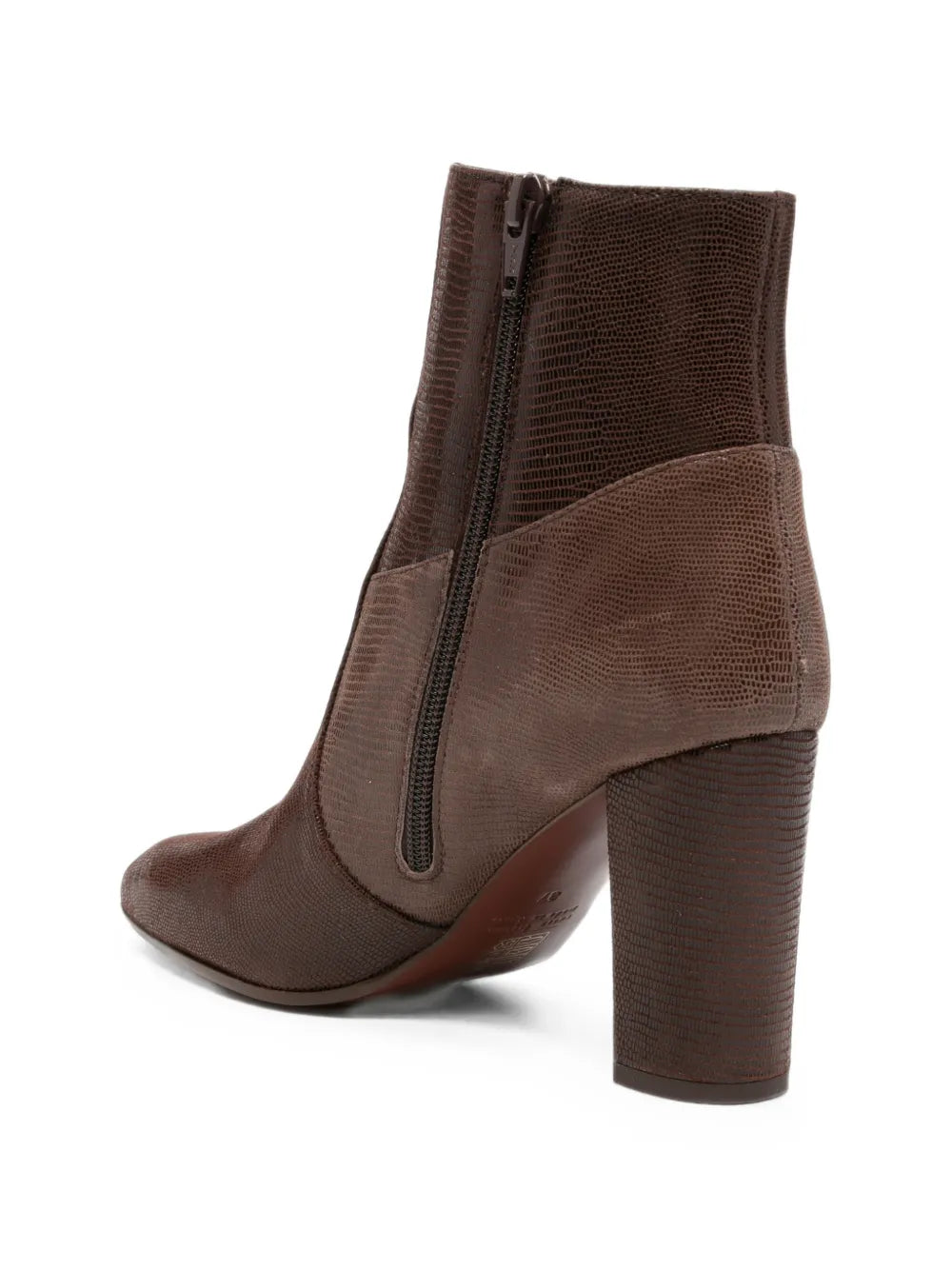Chie Mihara ETYU high heel ankle boot in lizard-texture leather, testa and smoke tones