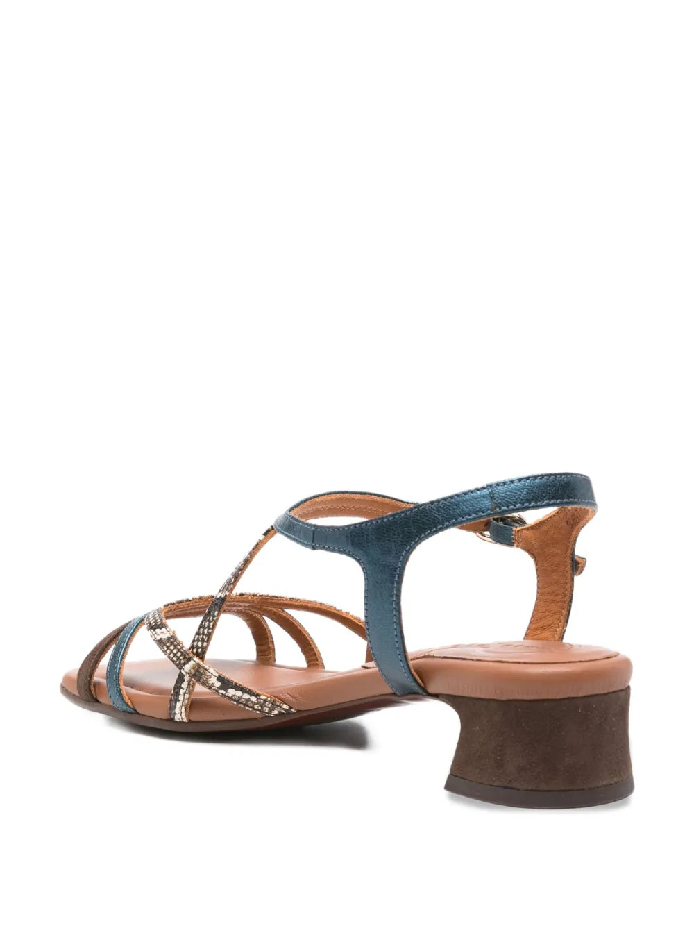 Chie Mihara Fedan women's testa brown and bronze snake print leather strappy sandal with teal slingback, comfortable low block heel, European designer shoes made in Spain