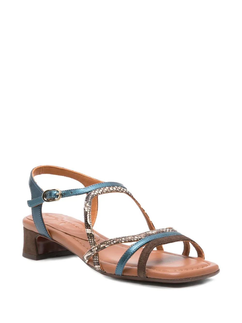 Chie Mihara Fedan testa brown and bronze snake print strappy sandal, open square toe with teal leather slingback and stylish comfortable low block heel, artisan leather shoes