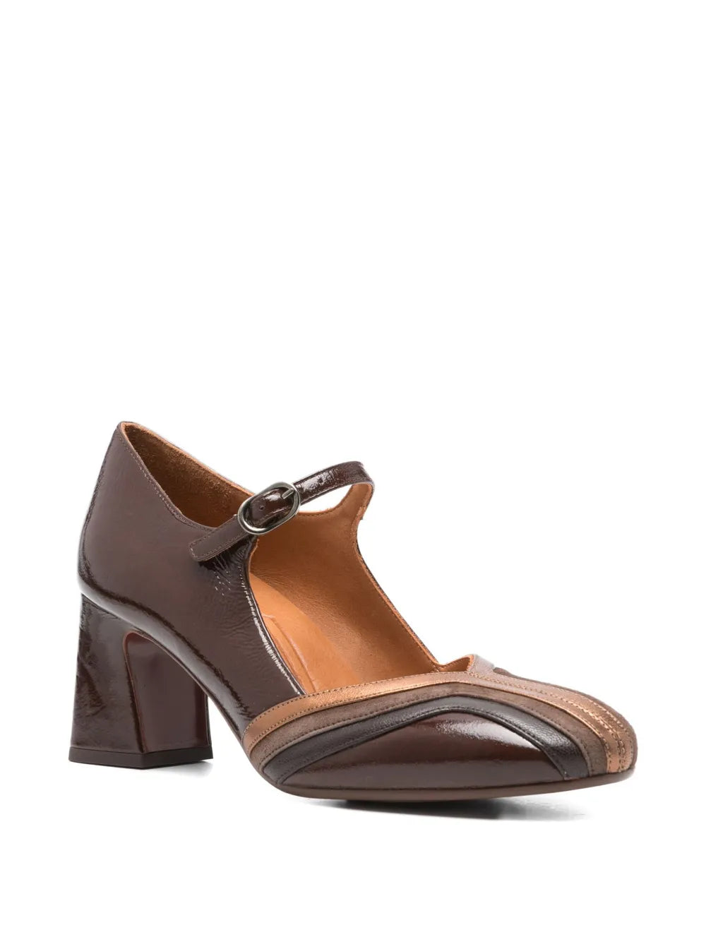 Chie Mihara Feva brown patent leather and bronze suede Mary Jane shoes with 5.5 cm block heel, handmade in Spain