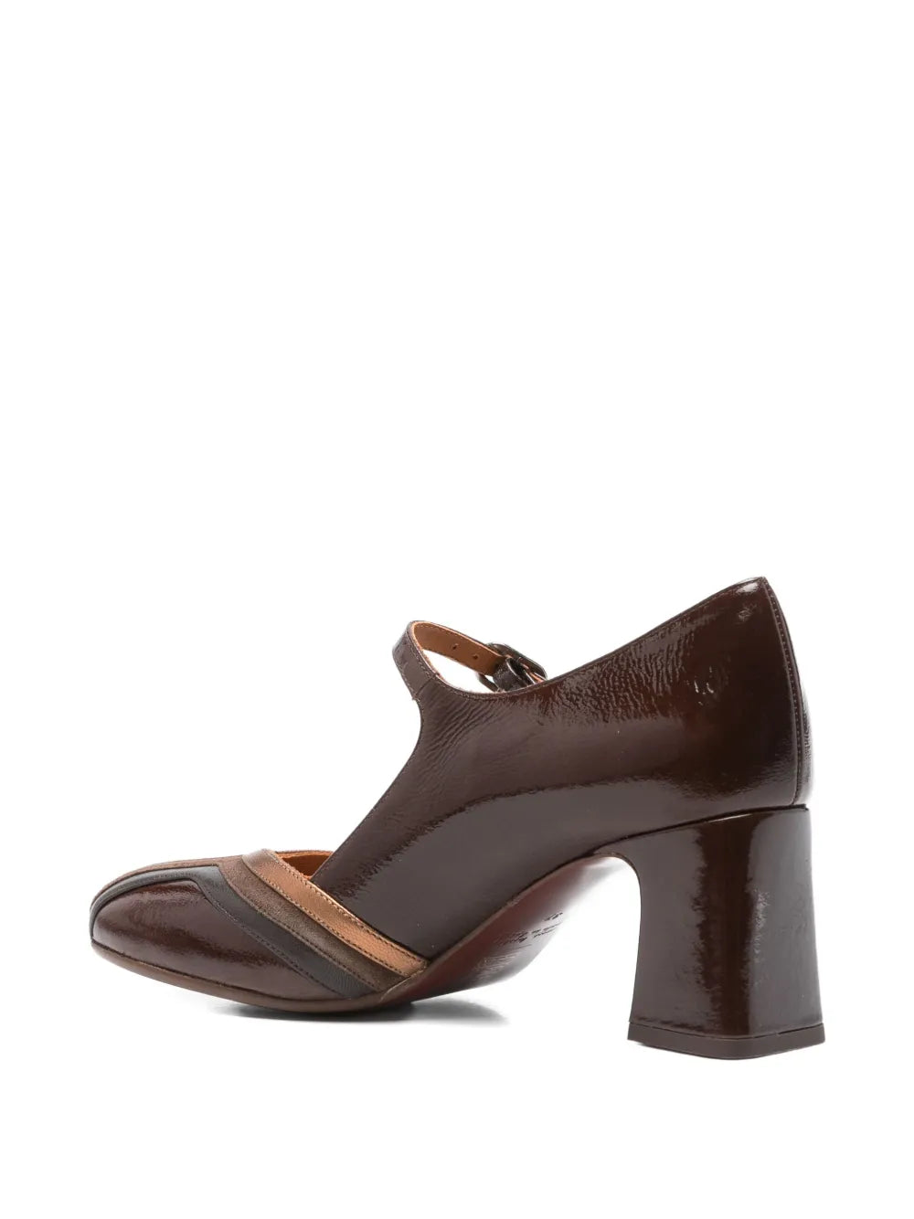 Chie Mihara Feva brown patent leather and bronze suede Mary Jane shoes with 5.5 cm block heel, handmade in Spain