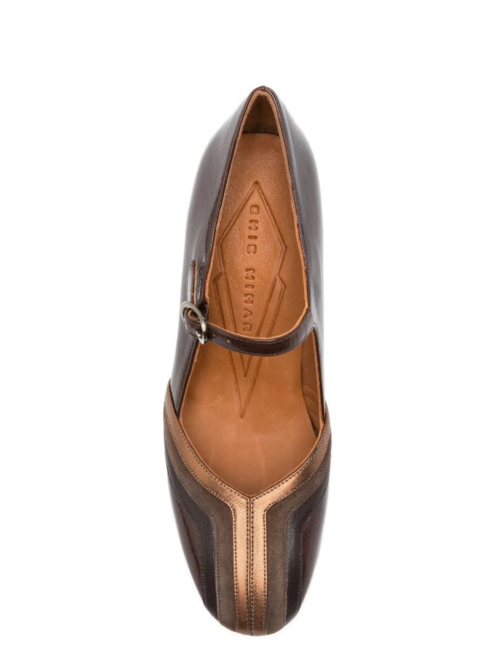 Chie Mihara Feva dark brown patent leather and bronze metallic Mary Jane shoe, high block heel and ankle buckle