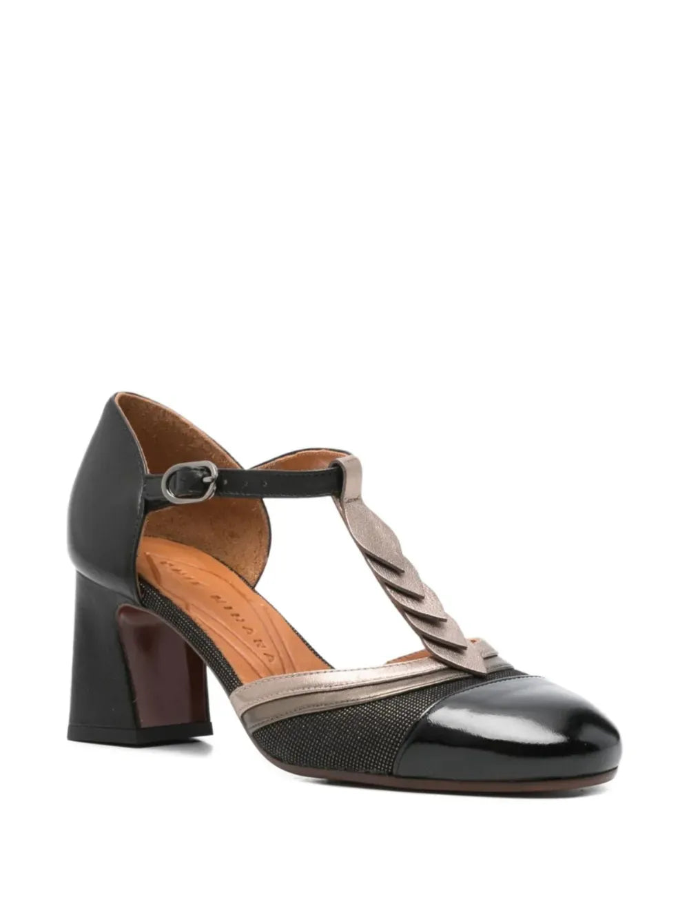 Chie Mihara Filly black leather and patent cap-toe shoe with bronze metallic T-strap, leather insole with Chie Mihara branding