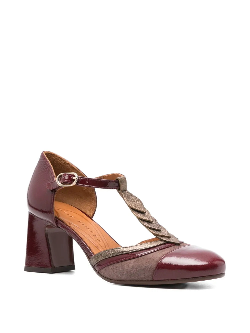 Chie Mihara Filly burgundy patent and taupe suede T-strap shoe, leather insole with non-slip rubber pad, known for exceptional comfort and fit, handmade in Spain