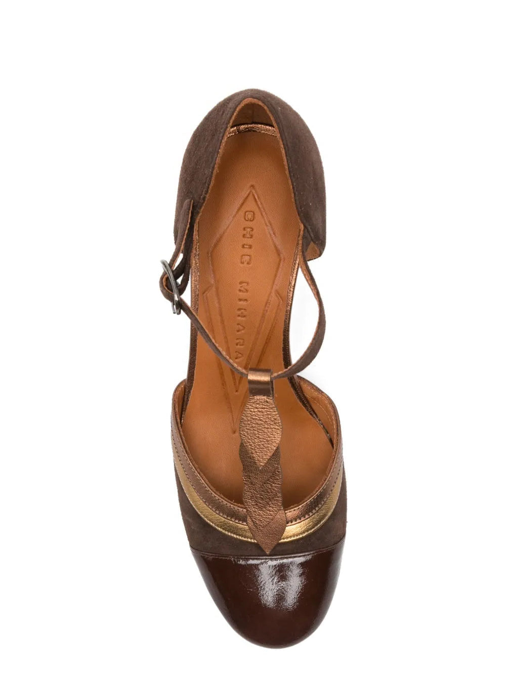 Chie Mihara Filly chocolate brown suede and patent leather T-strap pump, comfortable mid block heel and ankle strap buckle, artisan leather shoes