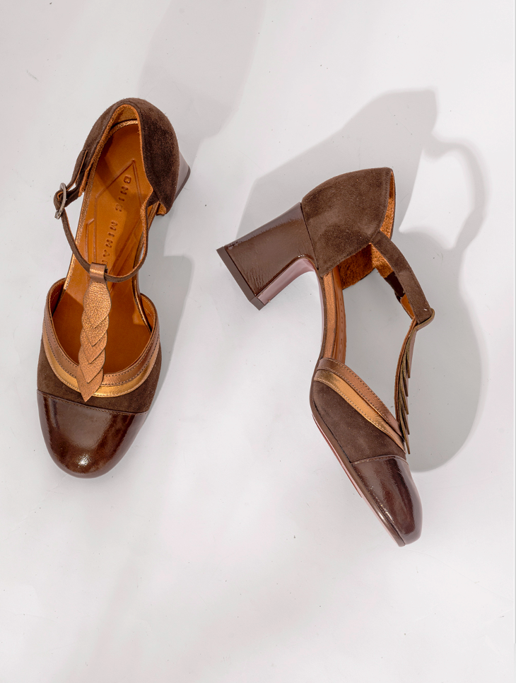 Chie Mihara Filly mid heel shoe in brown patent leather and suede with metallic bronze details