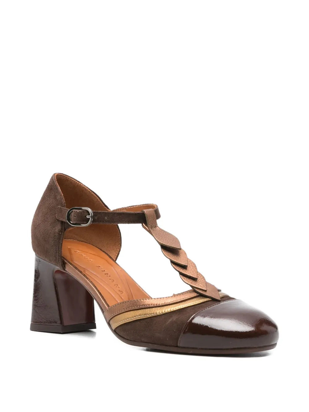 Chie Mihara Filly mid heel shoe in brown patent leather and suede with metallic bronze details
