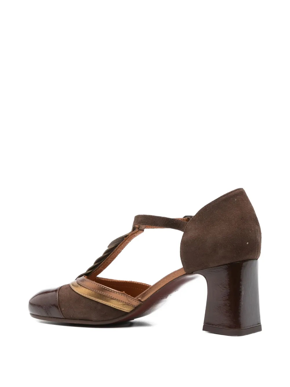 Chie Mihara Filly mid heel shoe in brown patent leather and suede with metallic bronze details