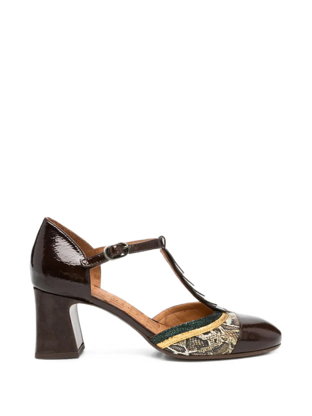 Chie Mihara FILLY mid heel T-strap shoe in dark chocolate patent leather with iridescent green and gold snake-print detail